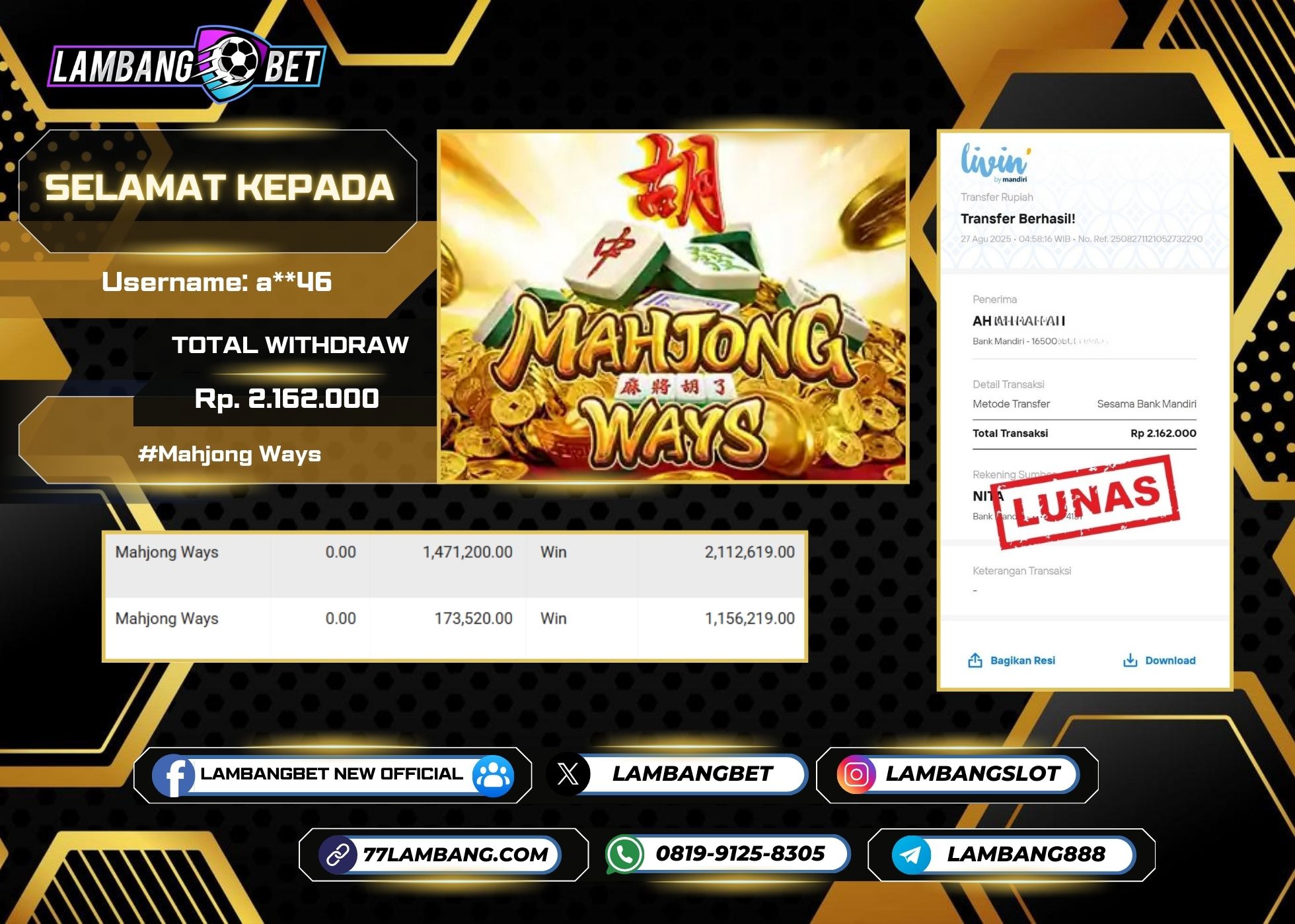 LAMBANGBET [27 AUGUST 2025] JACKPOT SLOT Mahjong Ways "Rp2.162.000" LUNAS